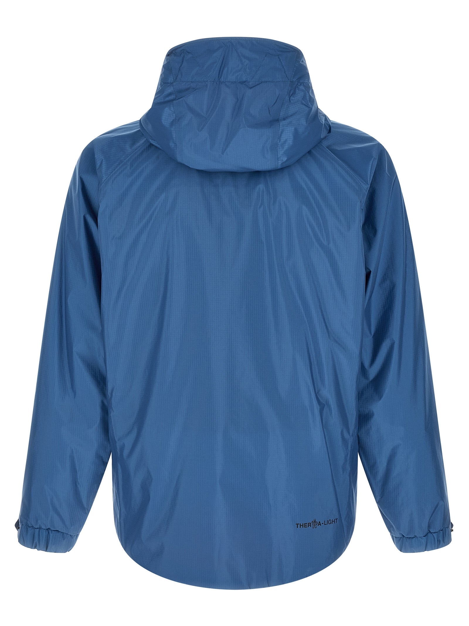 Veste en polyamide bleu Moncler Grenoble, coupe-vent et imperméable, avec capuche et fermeture zippée.
