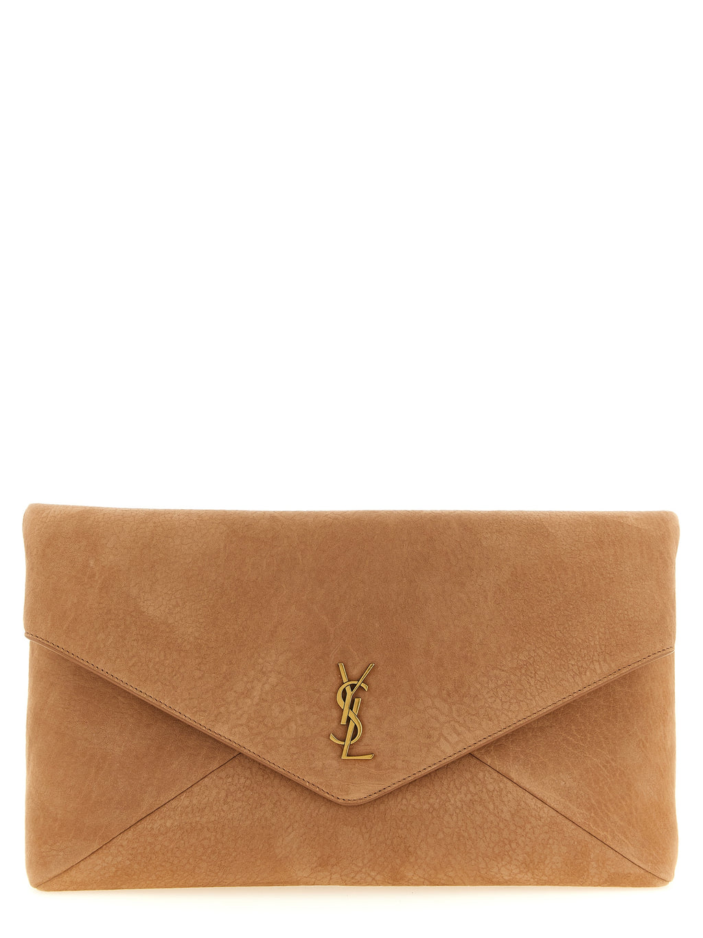 Sac pochette en cuir d'agneau marron de Saint Laurent, élégant et sophistiqué, avec fermeture discrète visible sur l'image.