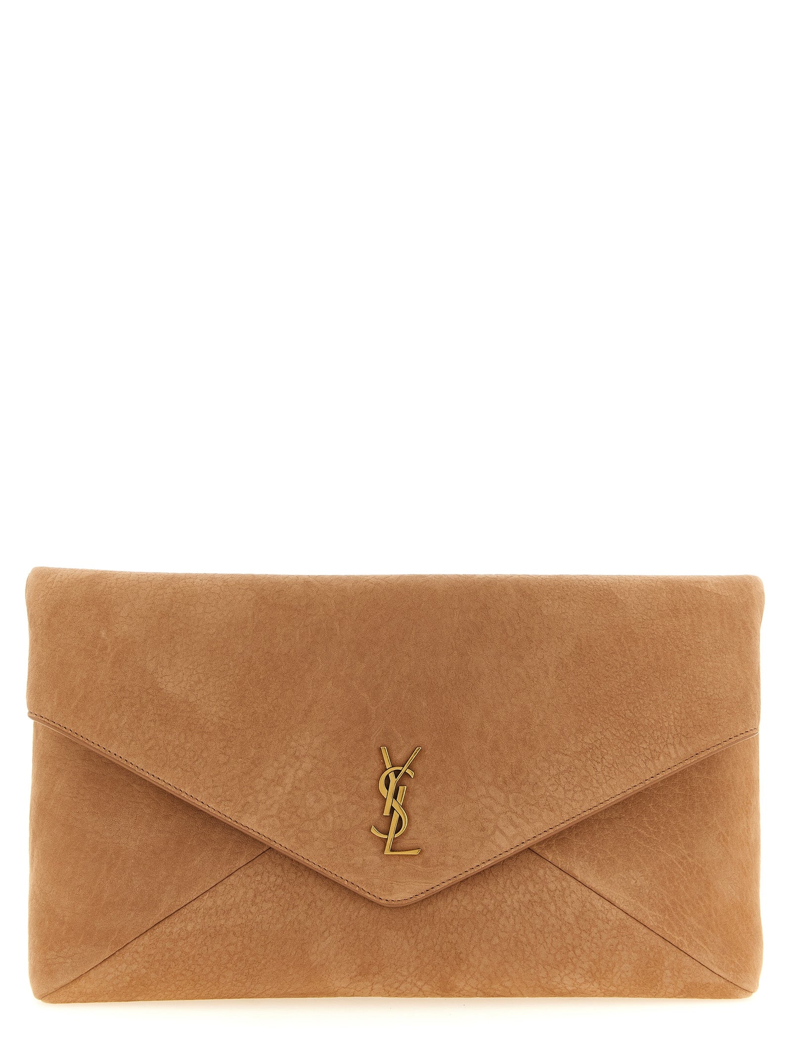Sac pochette en cuir d'agneau marron de Saint Laurent, élégant et sophistiqué, avec fermeture discrète visible sur l'image.