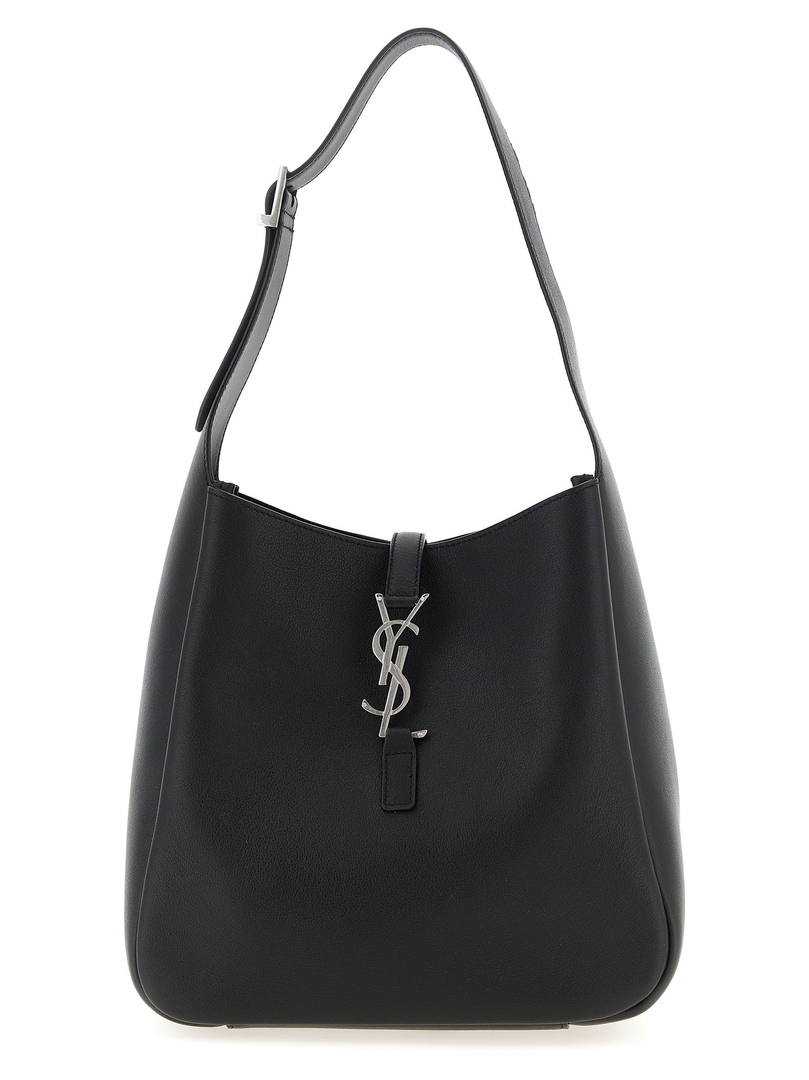 Sac à épaule en cuir de veau noir de Saint Laurent avec détails élégants et finition raffinée, vue de face.