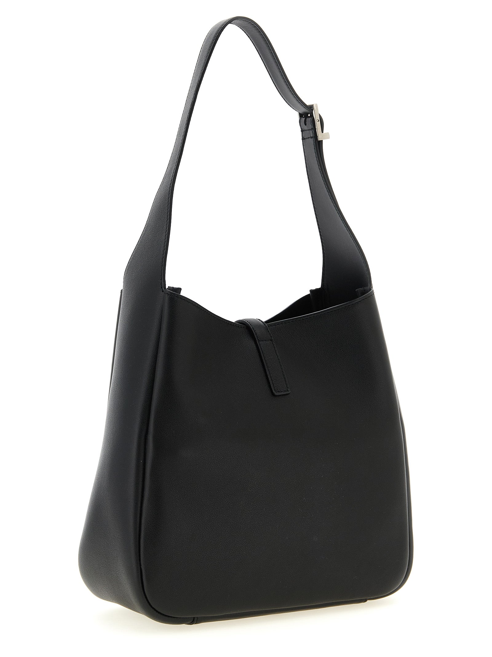 Sac à épaule Saint Laurent en cuir de veau noir, élégant et sophistiqué, avec détails raffinés et finition de haute qualité.
