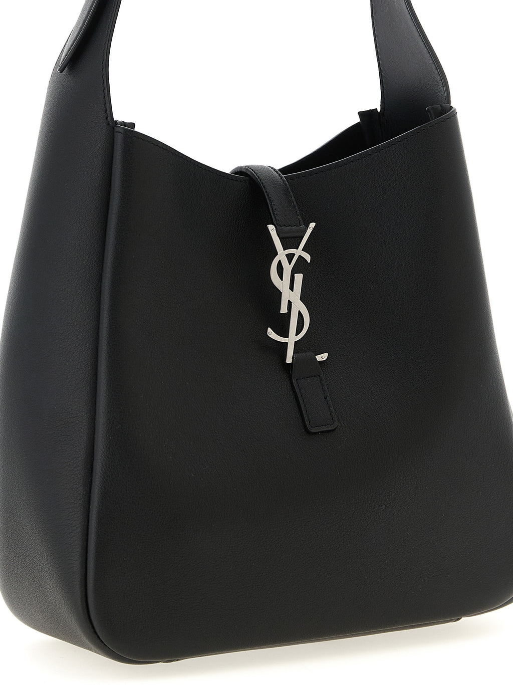 Sac à bandoulière en cuir de veau noir de Saint Laurent, élégant et sophistiqué, avec détails en métal doré.