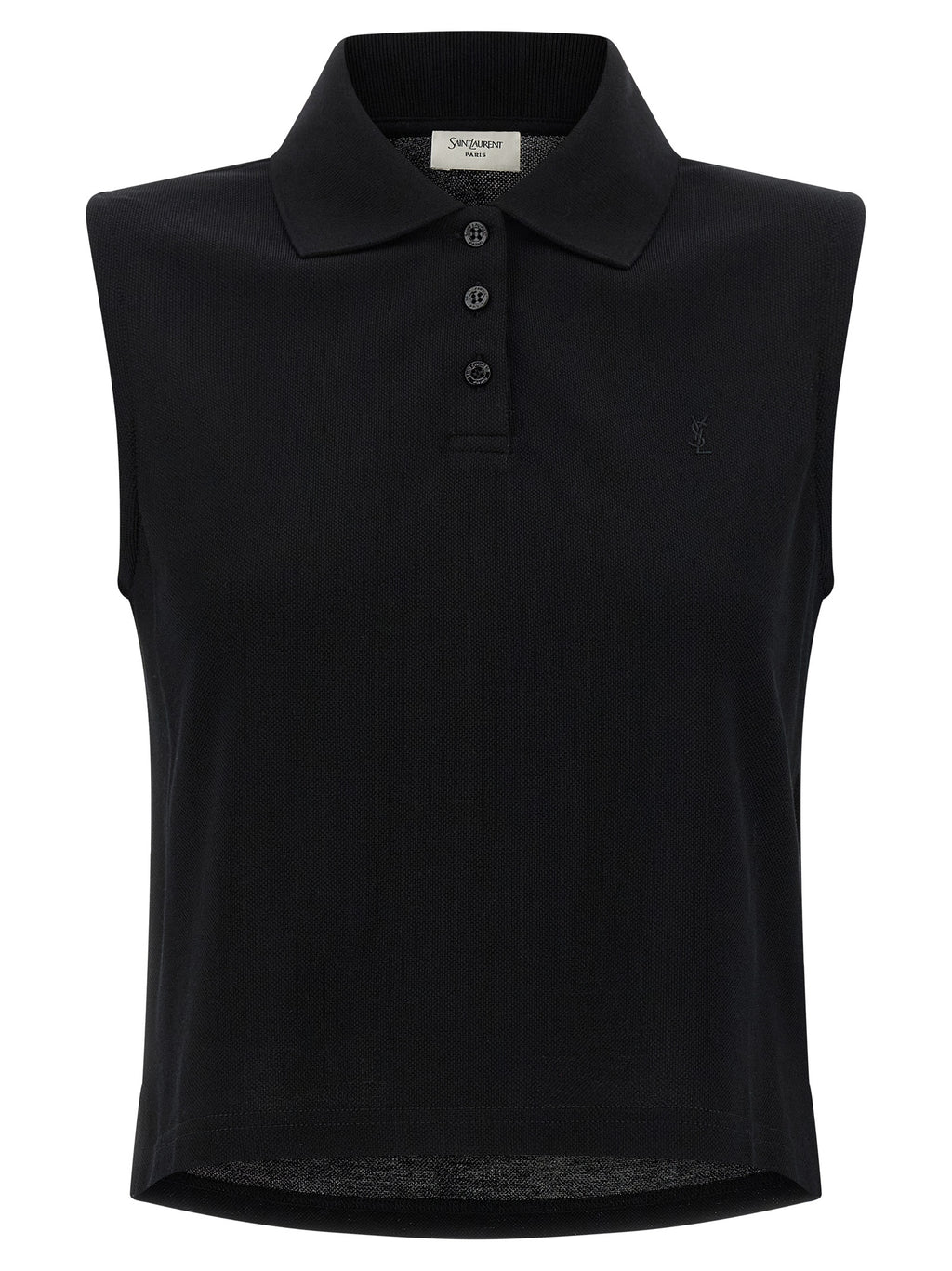 Polo en coton noir de Saint Laurent avec col classique et logo discret, porté sur un mannequin.