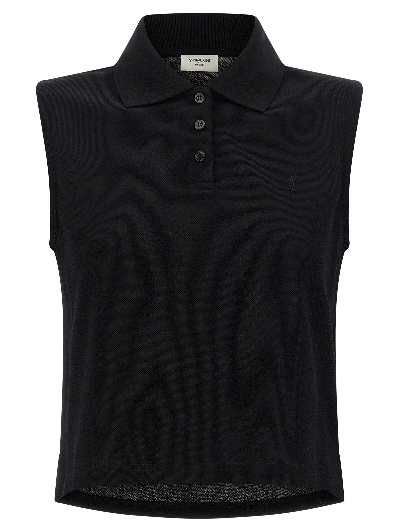 Polo en coton noir de Saint Laurent avec col classique et logo discret, porté sur un mannequin.