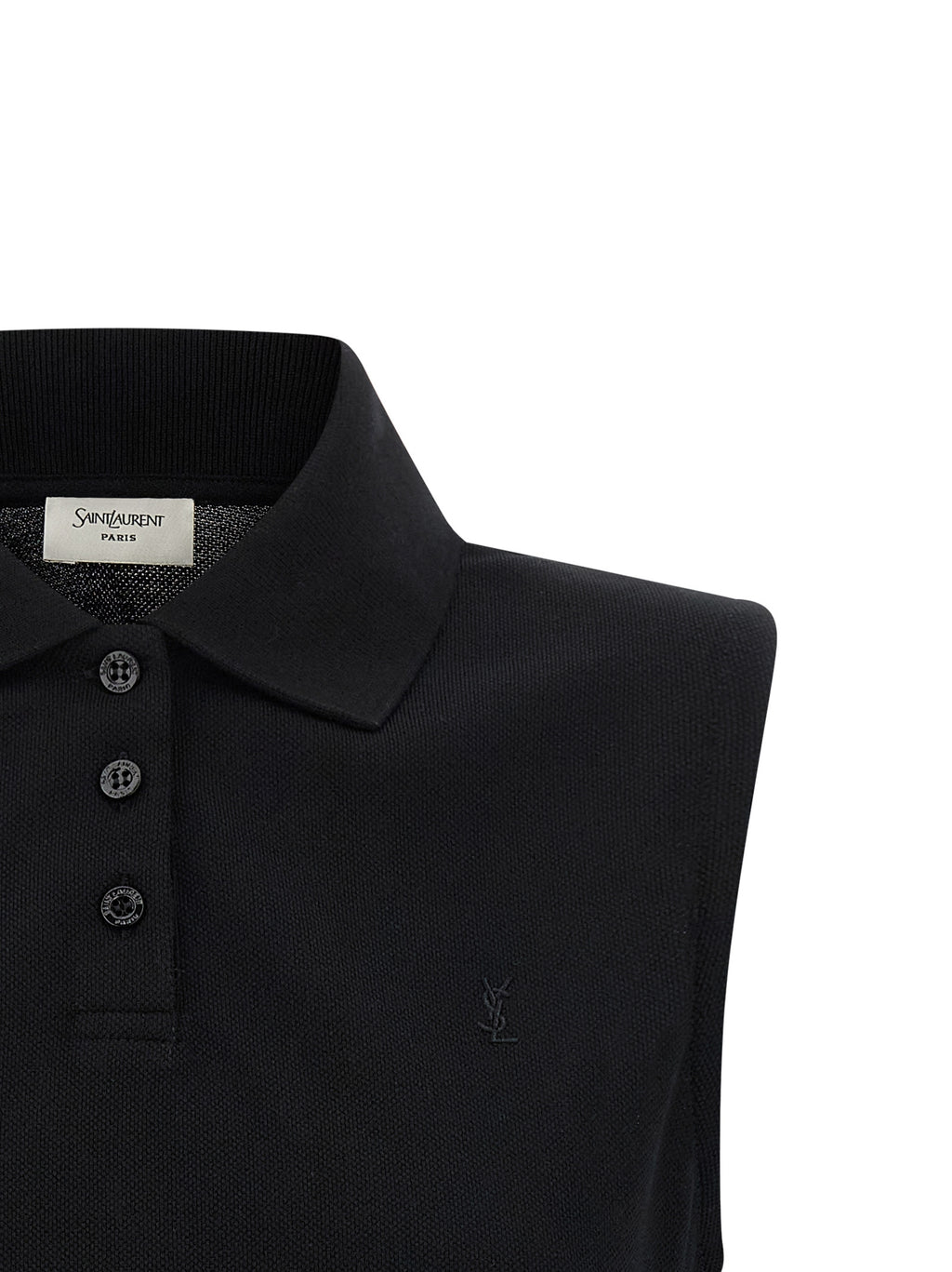 Chemise polo noire en coton de Saint Laurent, vue de face, avec col classique et logo discret sur la poitrine.
