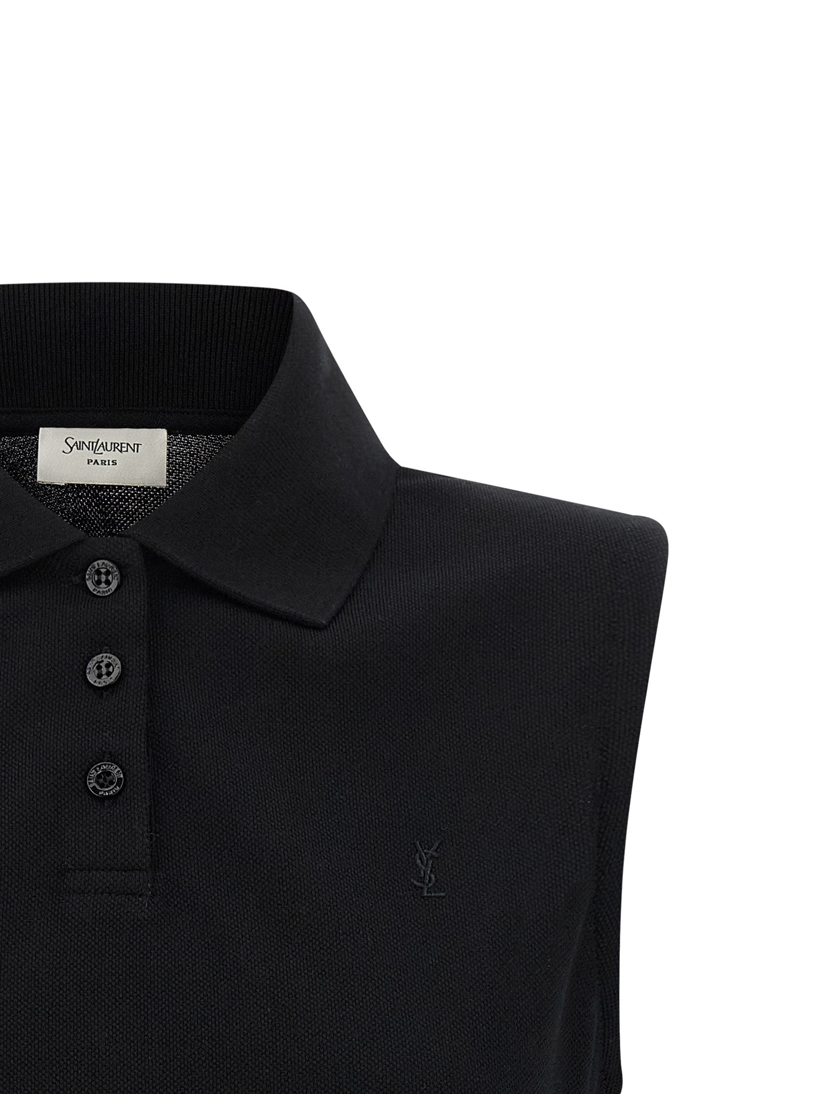 Chemise polo noire en coton de Saint Laurent, vue de face, avec col classique et logo discret sur la poitrine.