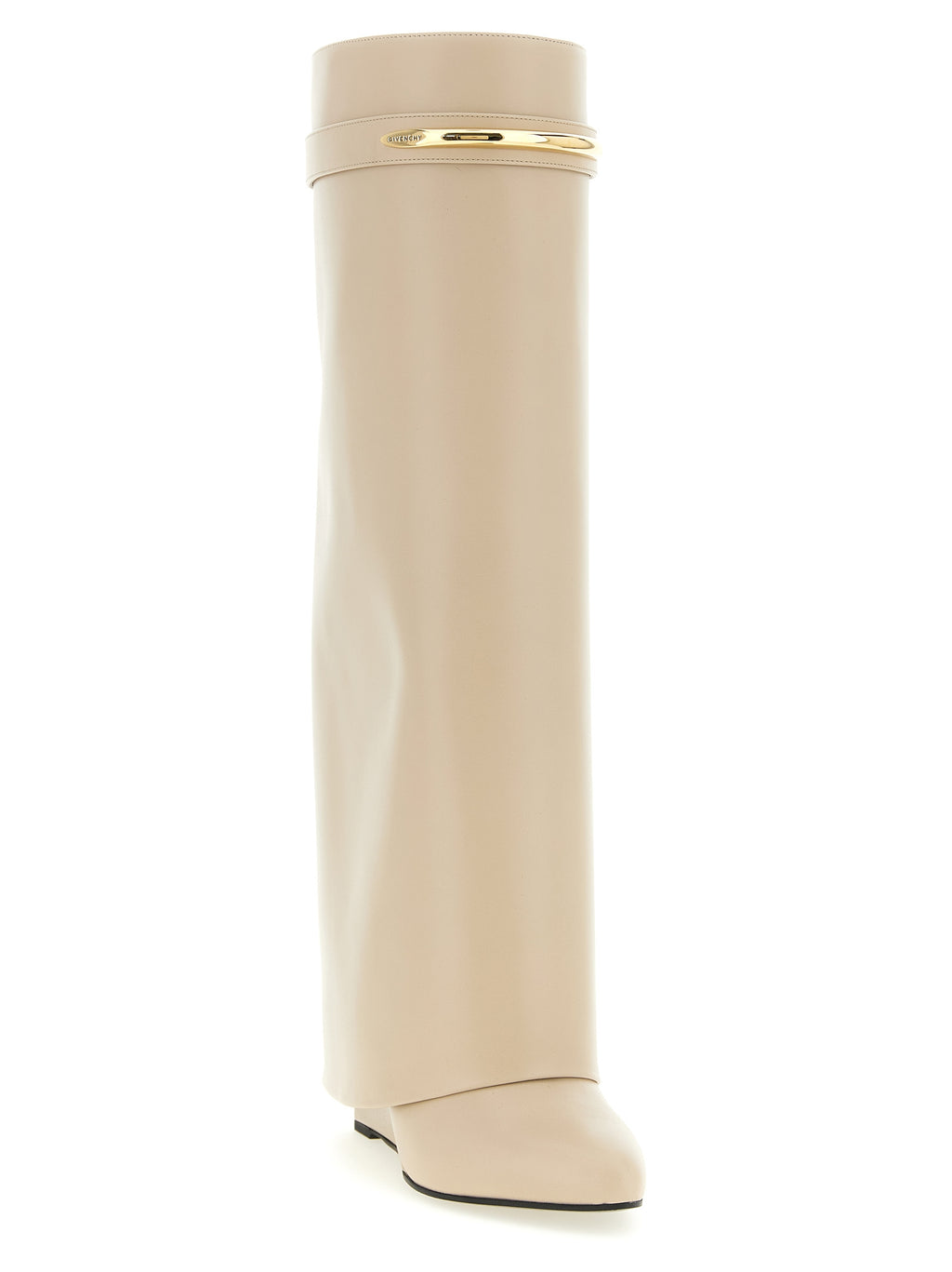 Bottes Givenchy en cuir de veau beige, hautes au-dessus du genou, avec design élégant et finition soignée.