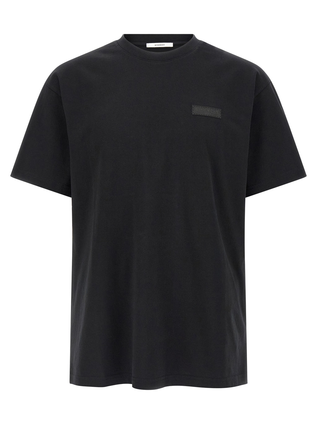 T-shirt noir en coton Givenchy, coupe classique avec logo discret, porté sur mannequin blanc.