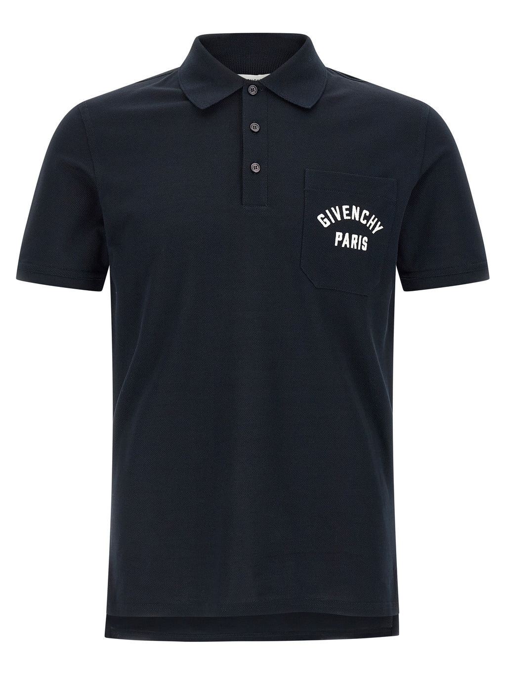 Chemise polo en coton bleu Givenchy, vue de face, avec col boutonné et logo discret sur la poitrine.