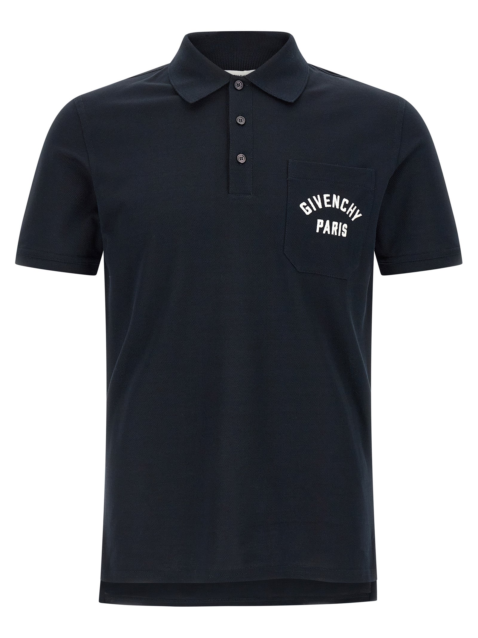 Chemise polo en coton bleu Givenchy, vue de face, avec col boutonné et logo discret sur la poitrine.