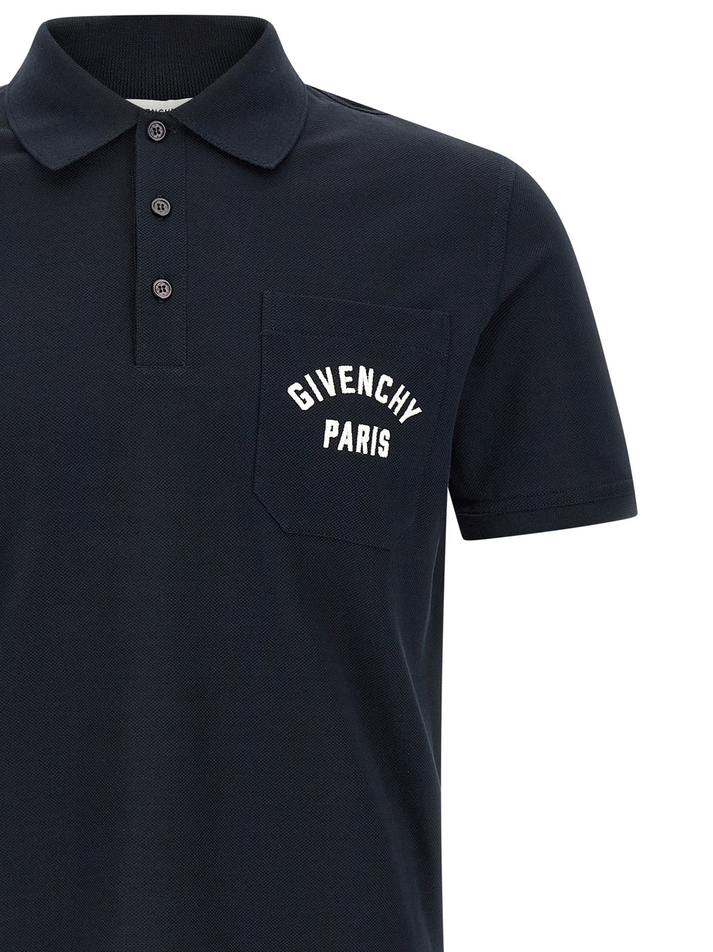 Chemise polo en coton bleu Givenchy, vue de face, avec col classique et logo discret sur la poitrine.