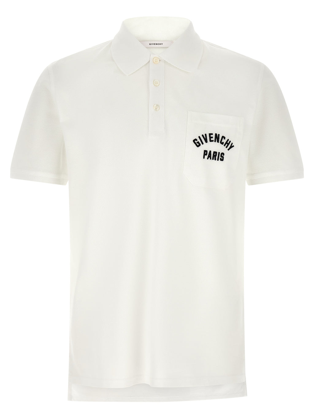 Chemise polo blanche en coton de la marque Givenchy, vue de face avec col et boutons visibles.