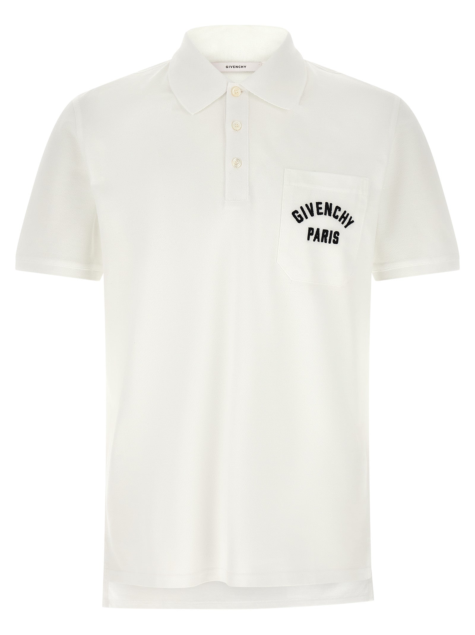 Chemise polo blanche en coton de la marque Givenchy, vue de face avec col et boutons visibles.