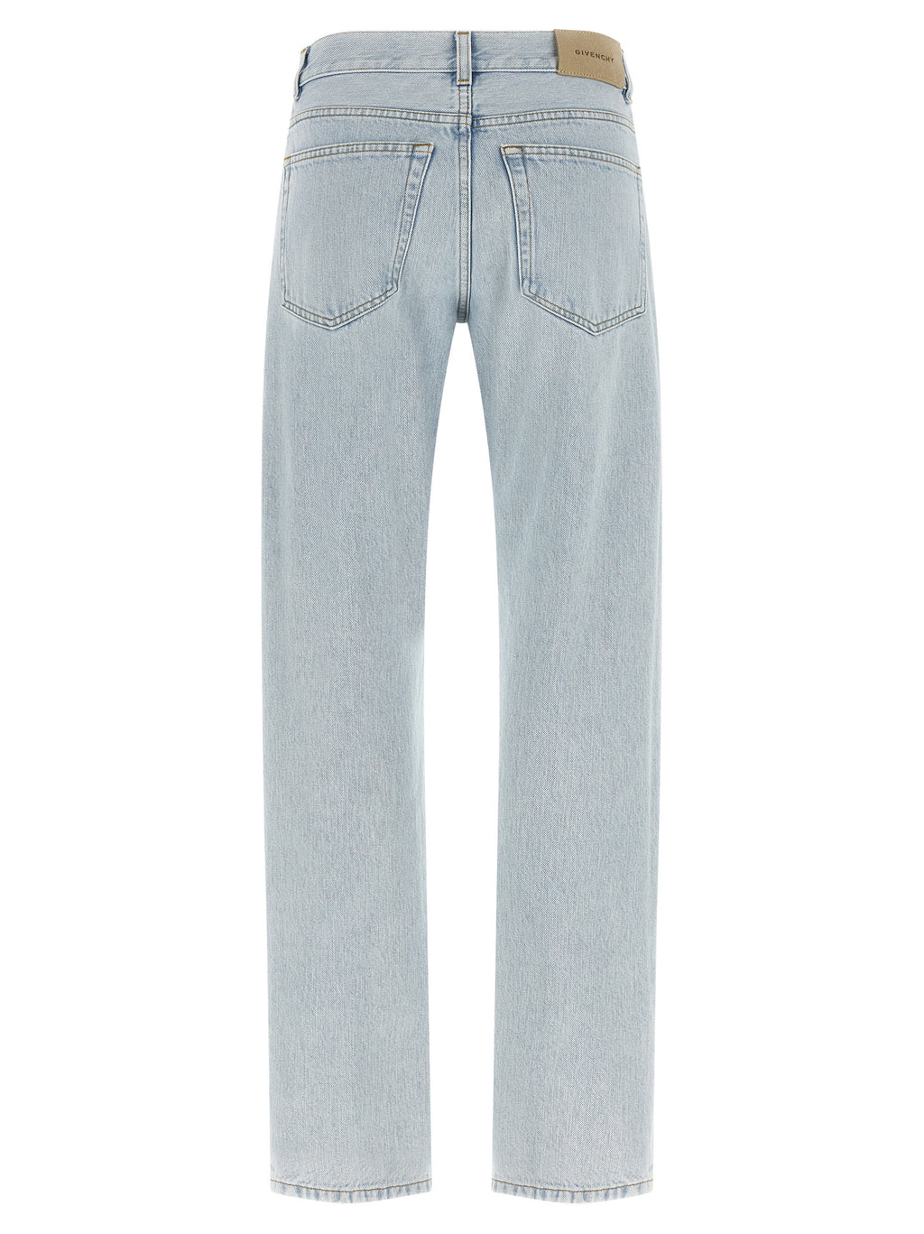 Jeans droits en coton bleu de Givenchy, style classique avec coupe droite, visible détails de couture et poches avant.