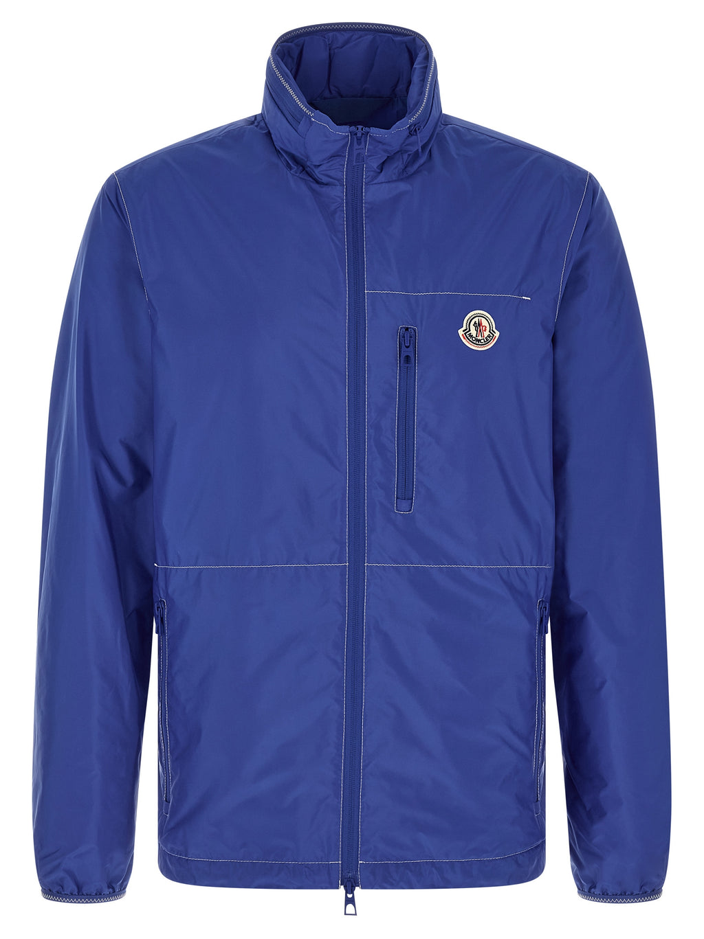 Veste en polyamide bleue Moncler, coupe-vent et imperméable, avec capuche et fermeture zippée.