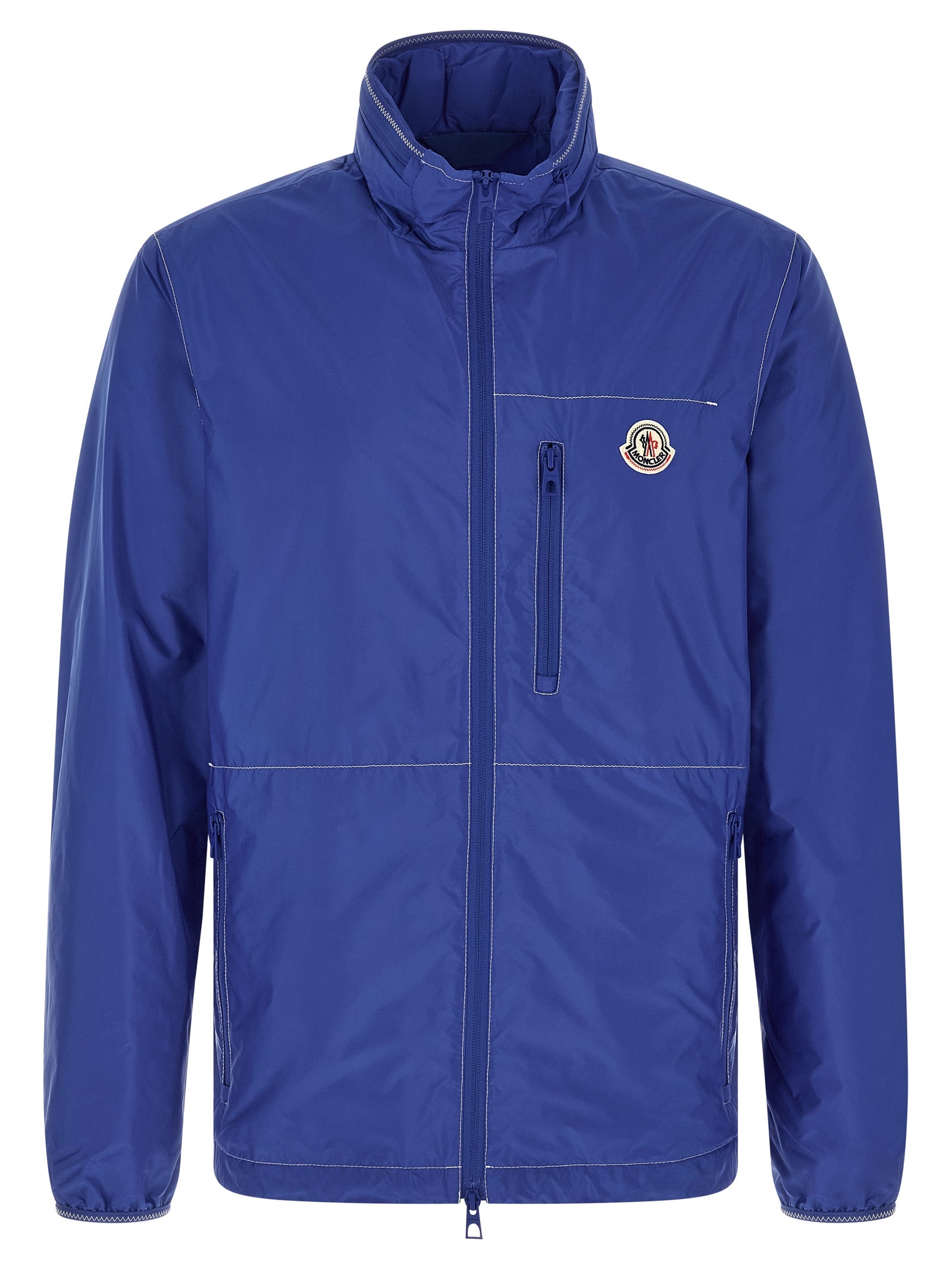 Veste en polyamide bleue Moncler, coupe-vent et imperméable, avec capuche et fermeture zippée.