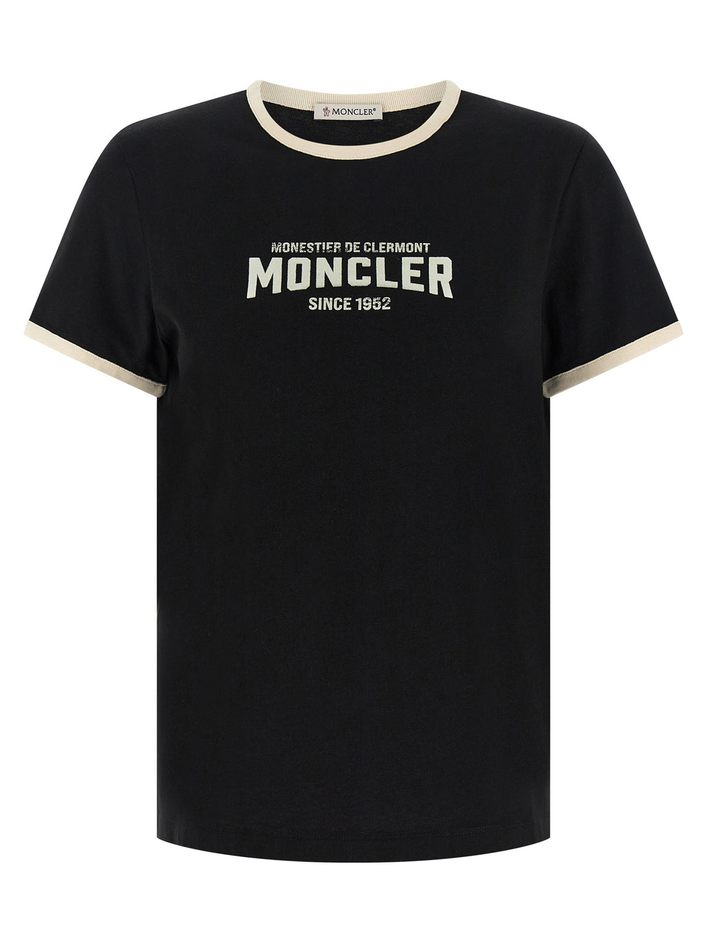 T-shirt en coton noir Moncler, style décontracté, logo discret sur la poitrine, vue de face.