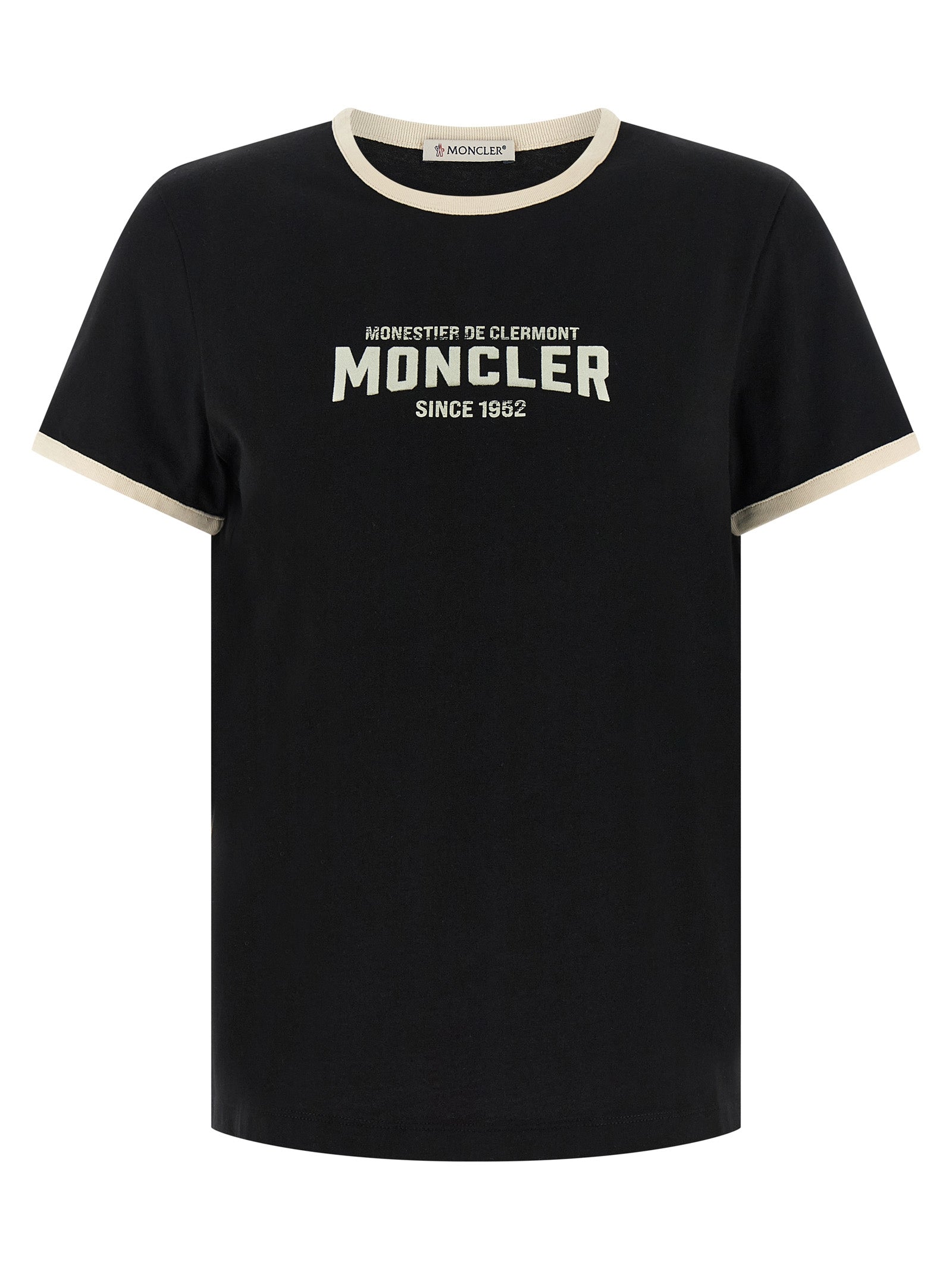 T-shirt en coton noir Moncler, style décontracté, logo discret sur la poitrine, vue de face.