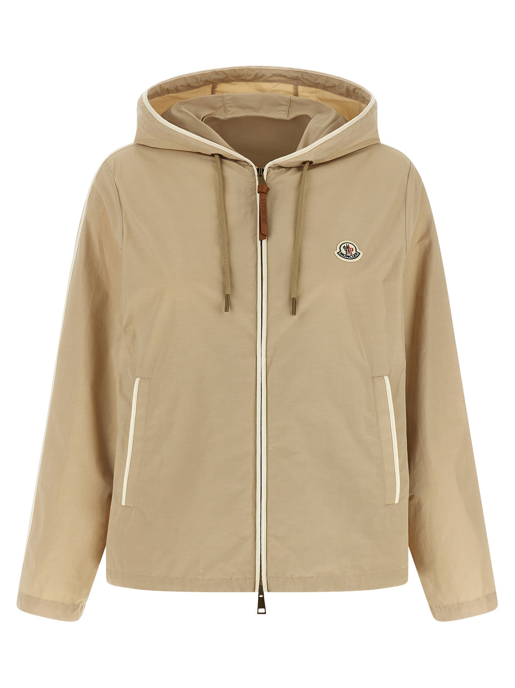 Veste en polyester beige Moncler, coupe-vent et élégante, avec capuche et détails modernes, idéale pour l'hiver.