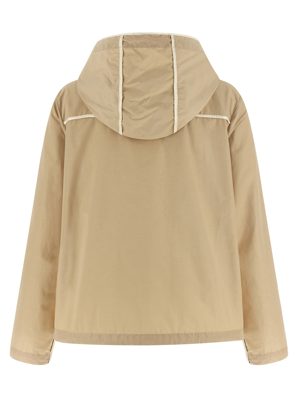Veste Moncler beige en polyester avec capuche, fermeture zippée et poches latérales, style élégant et chaud pour l'hiver.