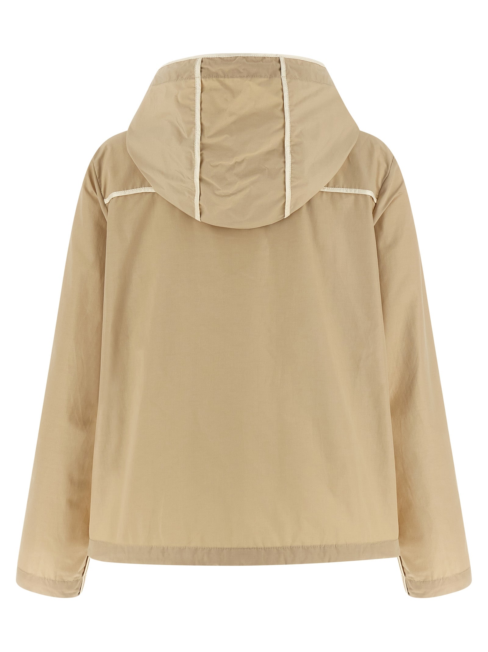 Veste Moncler beige en polyester avec capuche, fermeture zippée et poches latérales, style élégant et chaud pour l'hiver.
