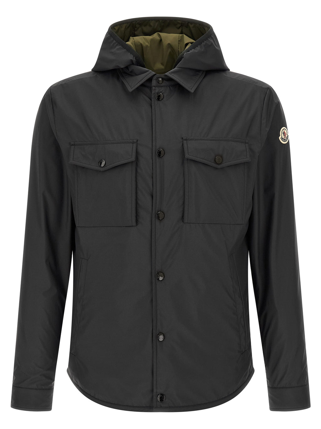 Veste en polyester multicolore Moncler, coupe-vent et résistante, avec capuche et fermeture éclair, vue de face.