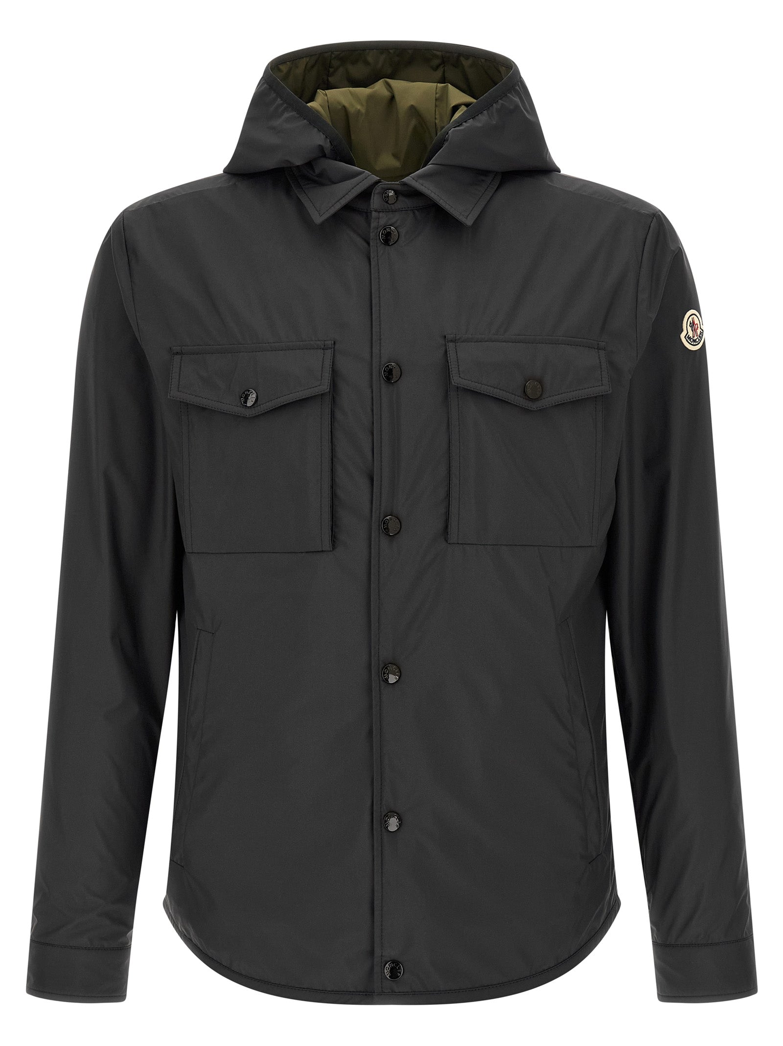 Veste en polyester multicolore Moncler, coupe-vent et résistante, avec capuche et fermeture éclair, vue de face.