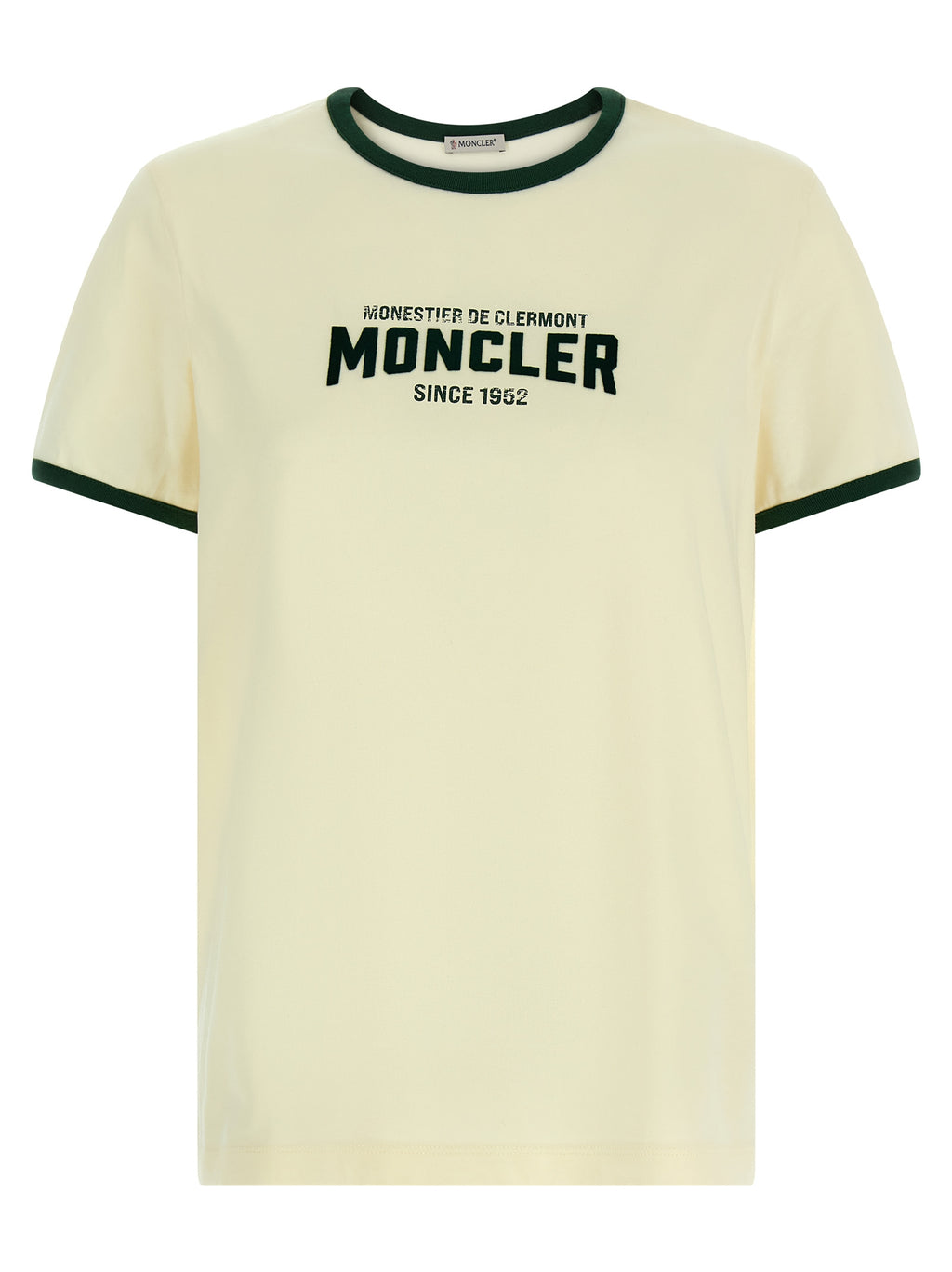 T-shirt beige en coton de la marque Moncler, vêtement décontracté avec logo discret visible à l'avant.