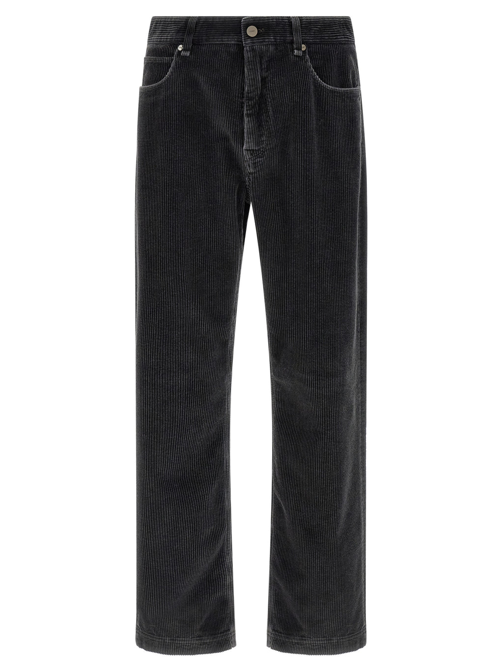 Pantalon décontracté gris en coton de la marque Fendi, vue en gros plan, avec détails de couture et coupe confortable.
