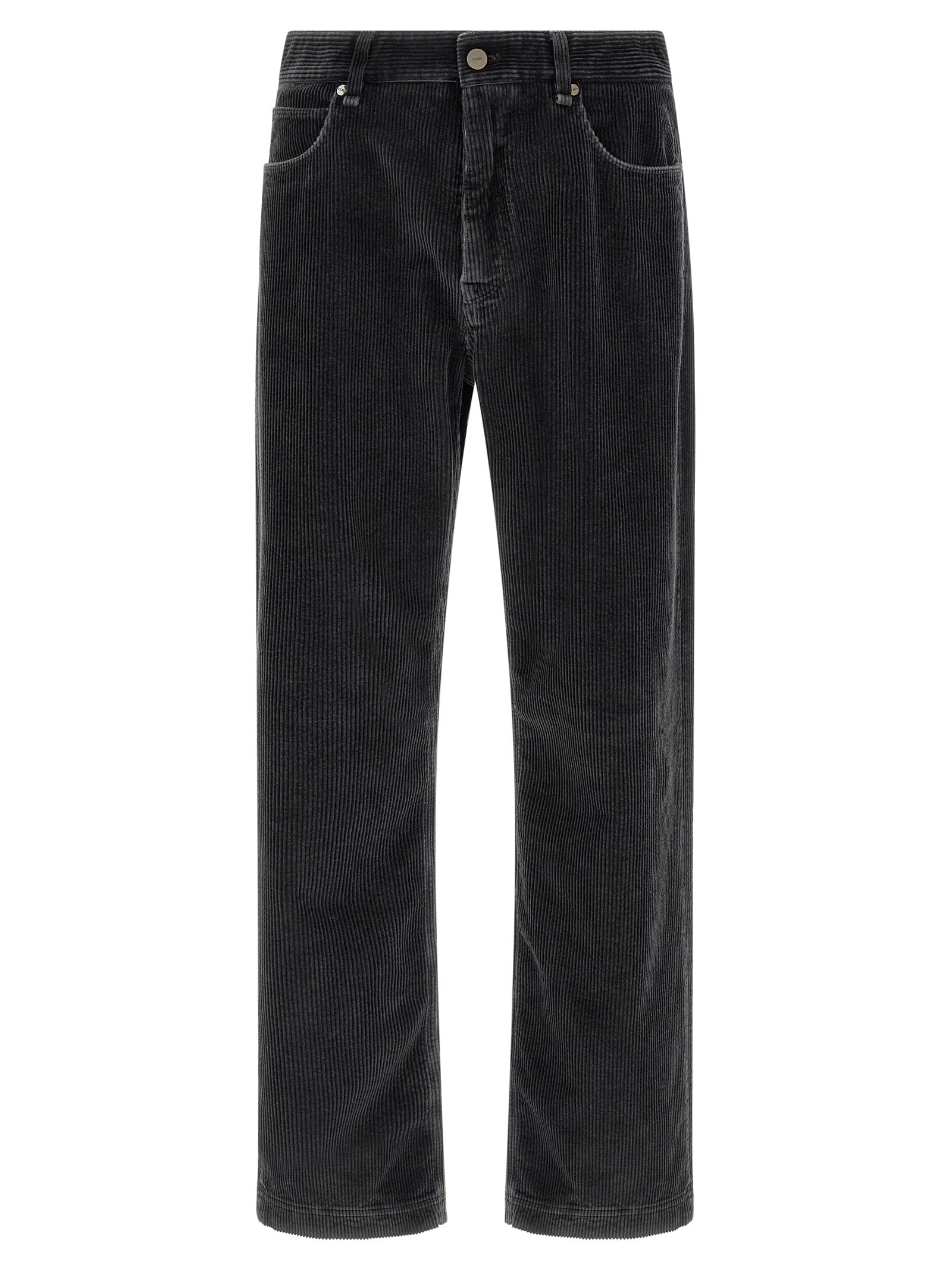 Pantalon décontracté gris en coton de la marque Fendi, vue en gros plan, avec détails de couture et coupe confortable.