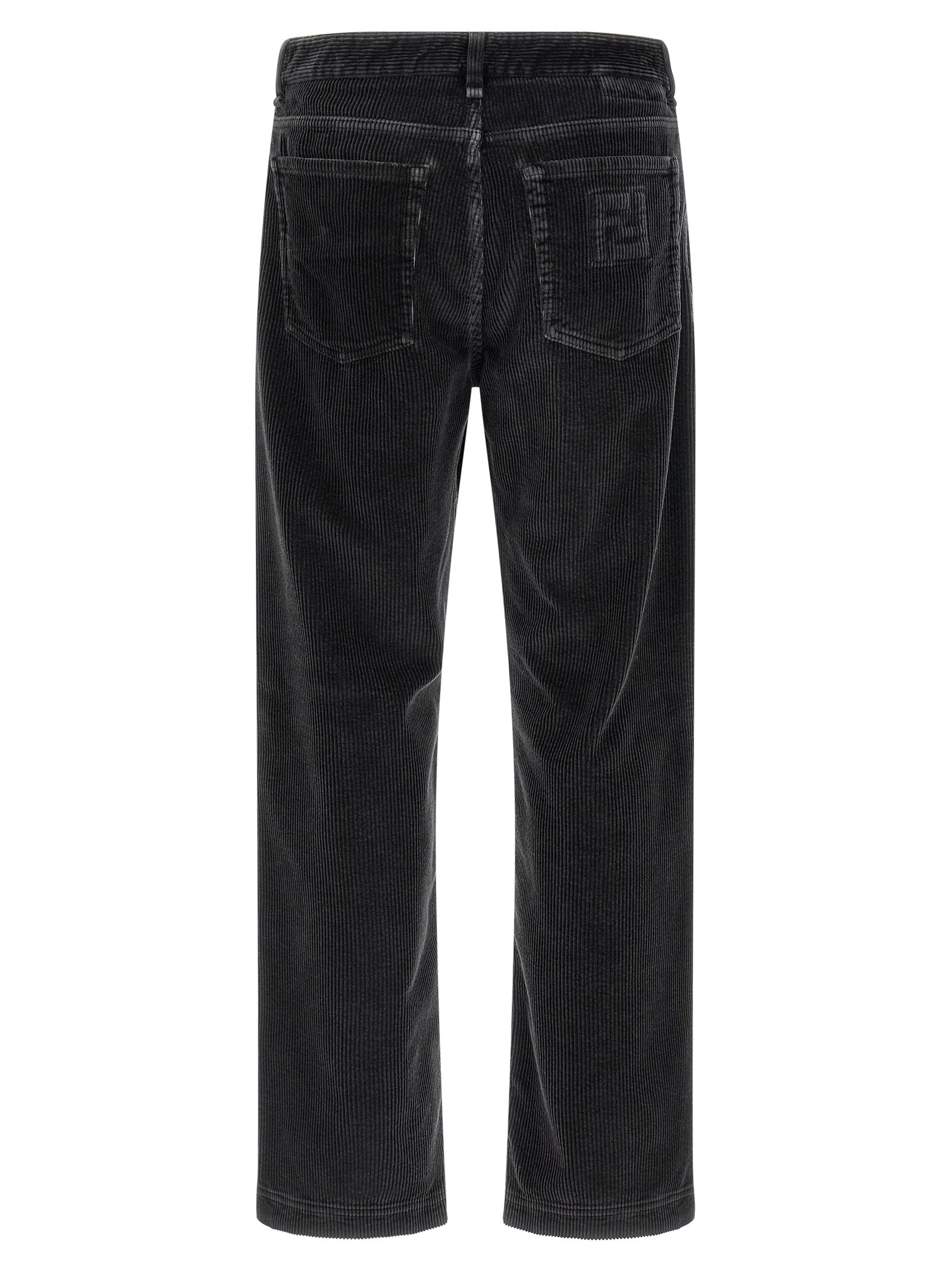 Pantalons décontractés gris en coton de la marque Fendi, vue de face avec détail de la coupe et de la texture du tissu.