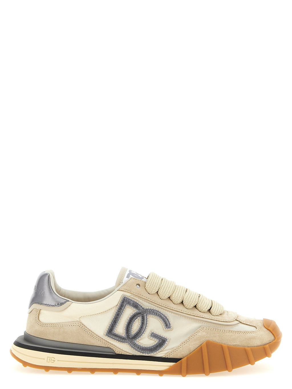 Chaussures de sport en cuir de veau argenté Dolce & Gabbana, baskets athlétiques élégantes et modernes.