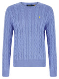 Cardigan en coton bleu Polo Ralph Lauren porté par un mannequin, détails du bouton et texture du tissu visible.