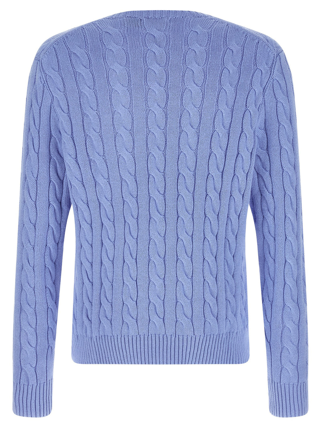Cardigan en coton bleu Polo Ralph Lauren porté, avec col en V et boutons, style classique et élégant.