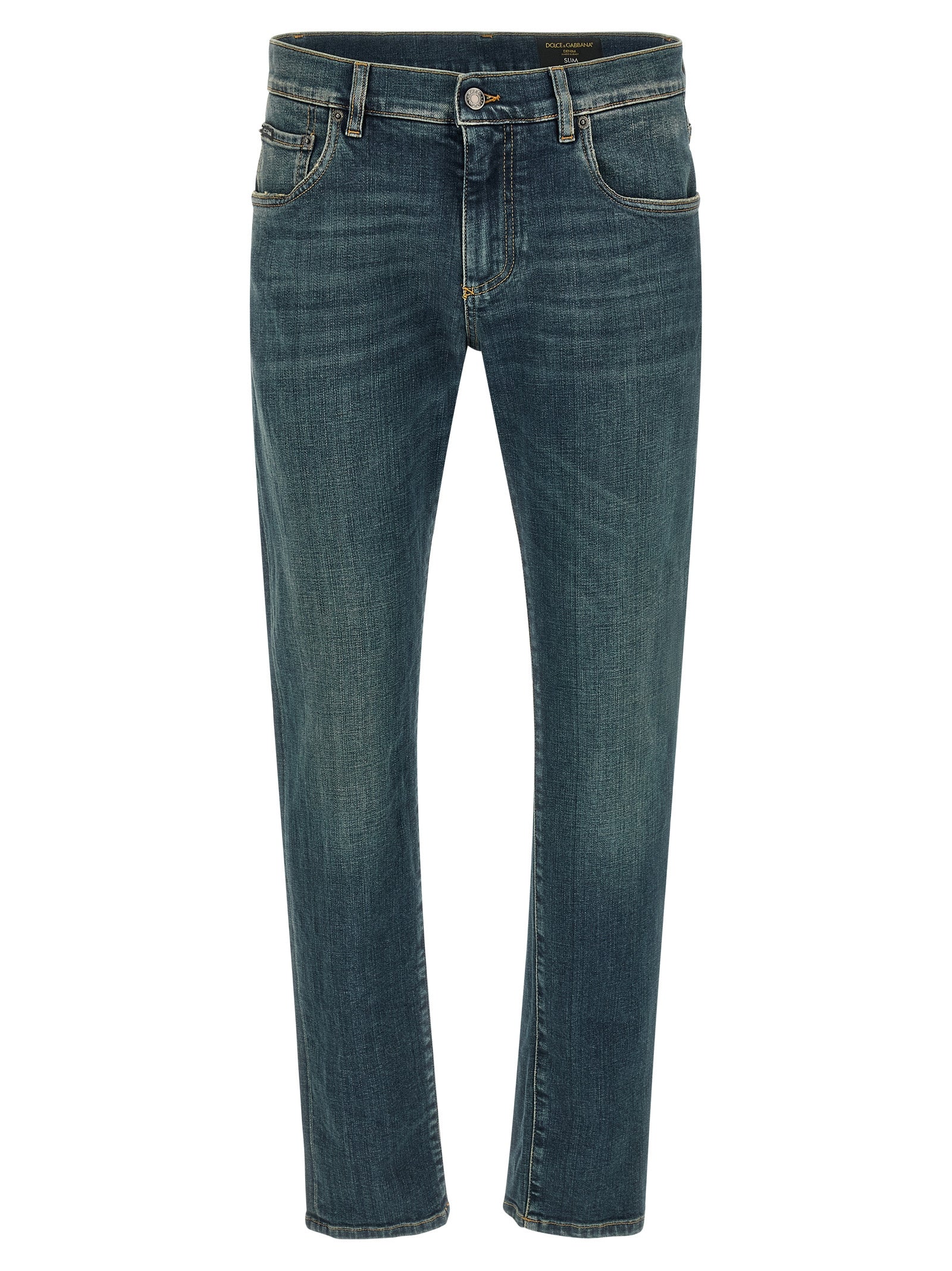 Jeans slim en coton bleu de Dolce & Gabbana, ajustés, avec poches arrière et détails classiques.