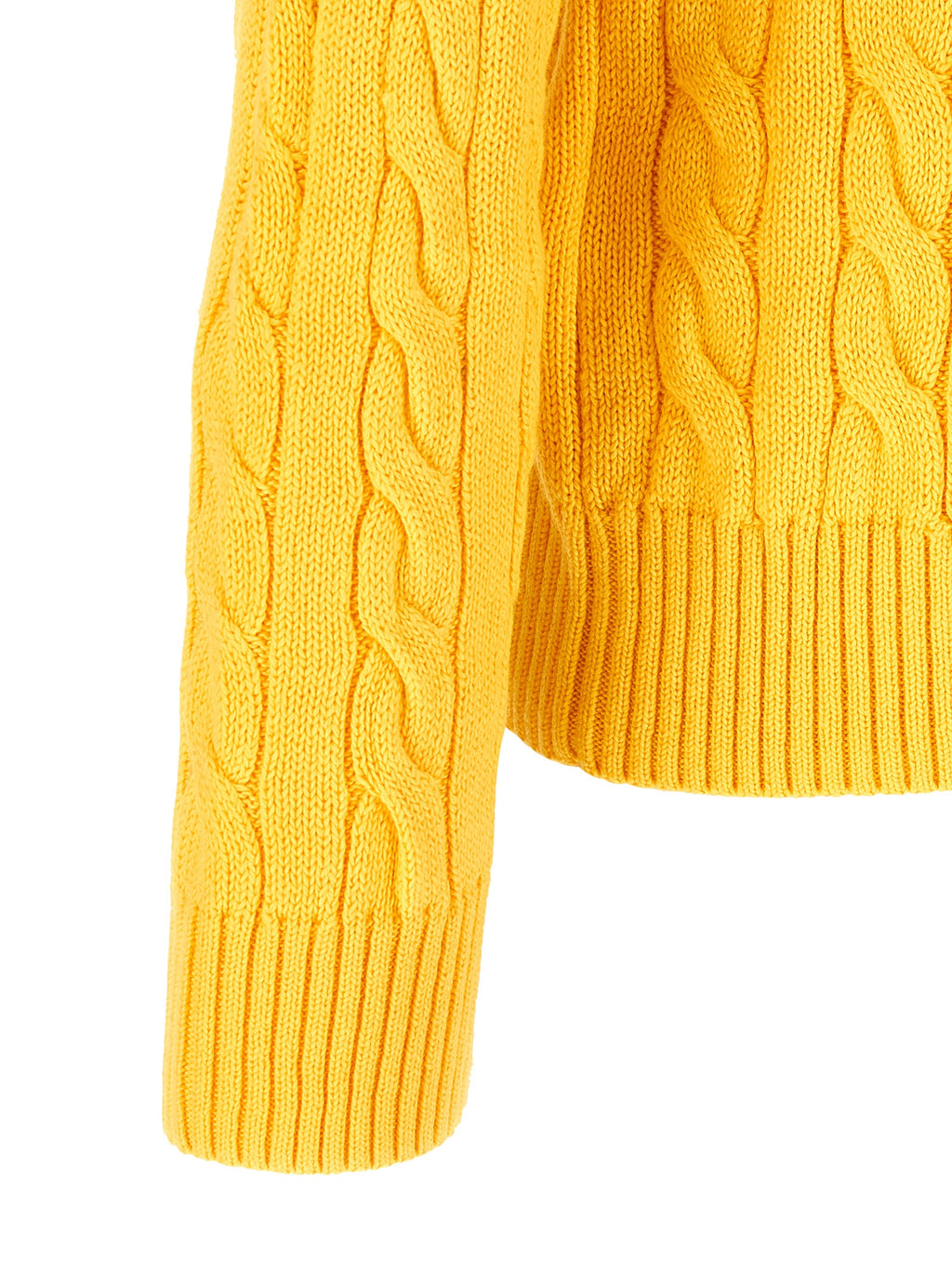Cardigan bicolore en coton Polo Ralph Lauren, détail de la fermeture et des manches, vue de face.