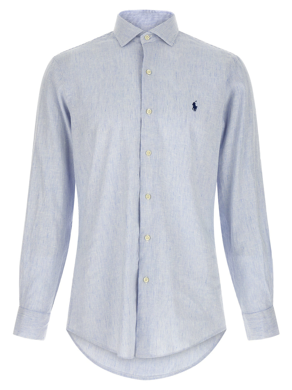 Chemise en lin bleu Polo Ralph Lauren, coupe décontractée avec col et manches longues, vue de face.