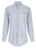 Chemise en lin bleu Polo Ralph Lauren, coupe décontractée avec col et manches longues, vue de face.