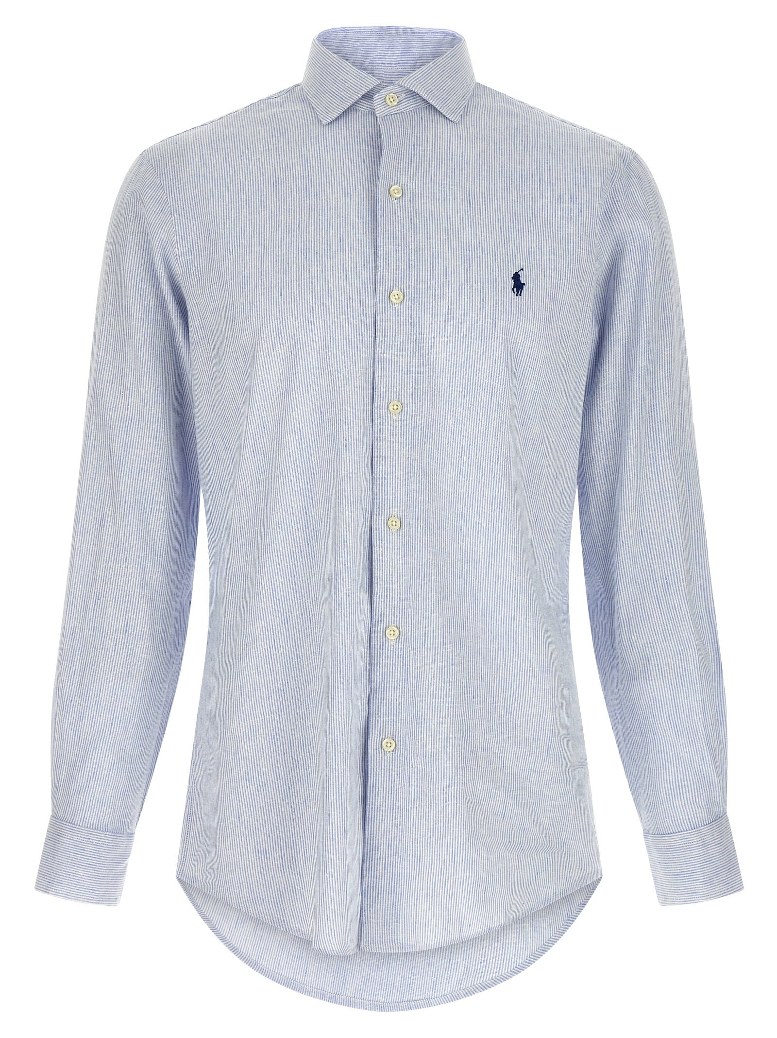 Chemise en lin bleu Polo Ralph Lauren, coupe décontractée avec col et manches longues, vue de face.