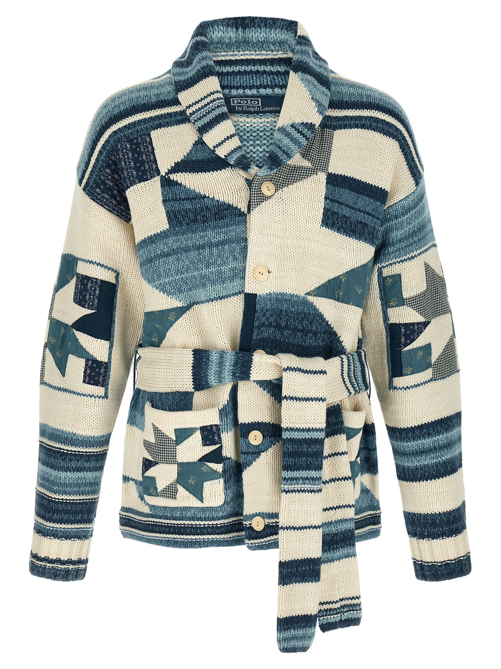 Cardigan en coton bleu Polo Ralph Lauren avec col en V et boutons, porté sur un mannequin.
