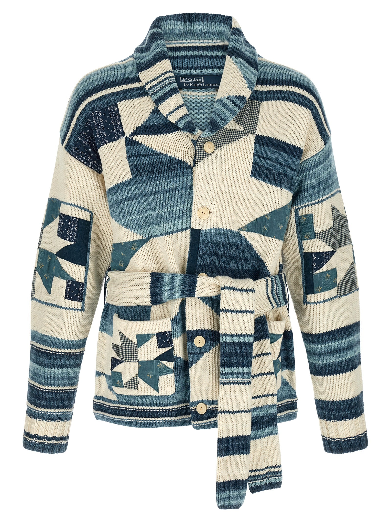 Cardigan en coton bleu Polo Ralph Lauren avec col en V et boutons, porté sur un mannequin.