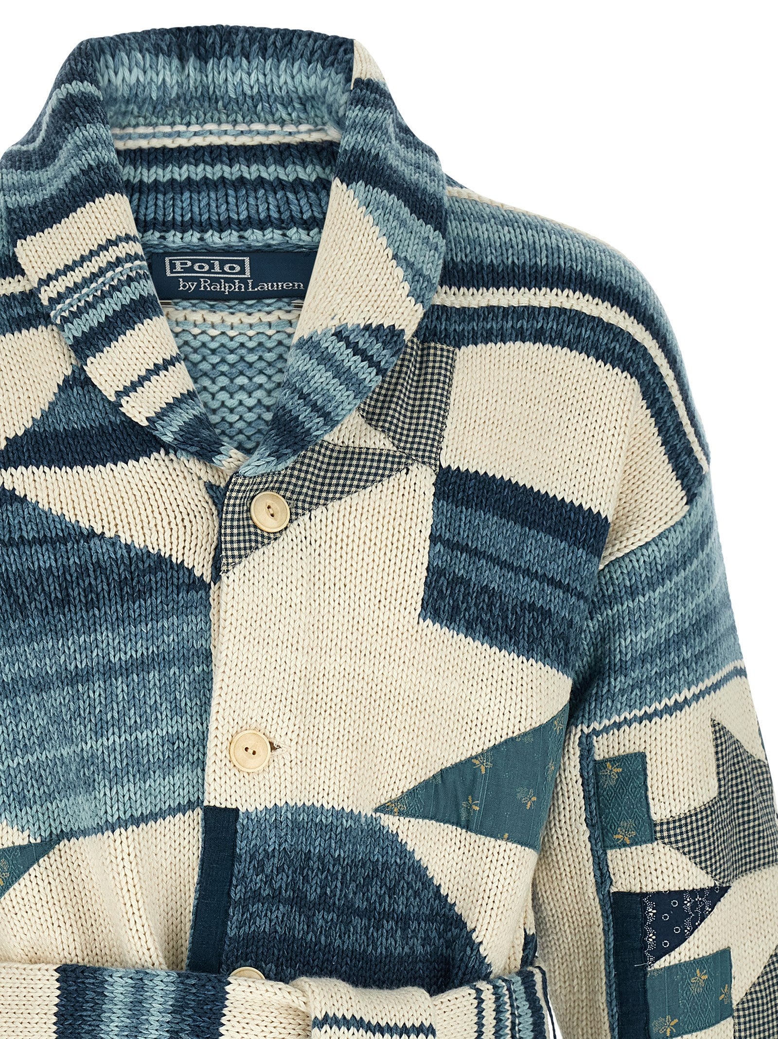 Cardigan en coton bleu de la marque Polo Ralph Lauren, avec col en V et logo brodé sur la poitrine.
