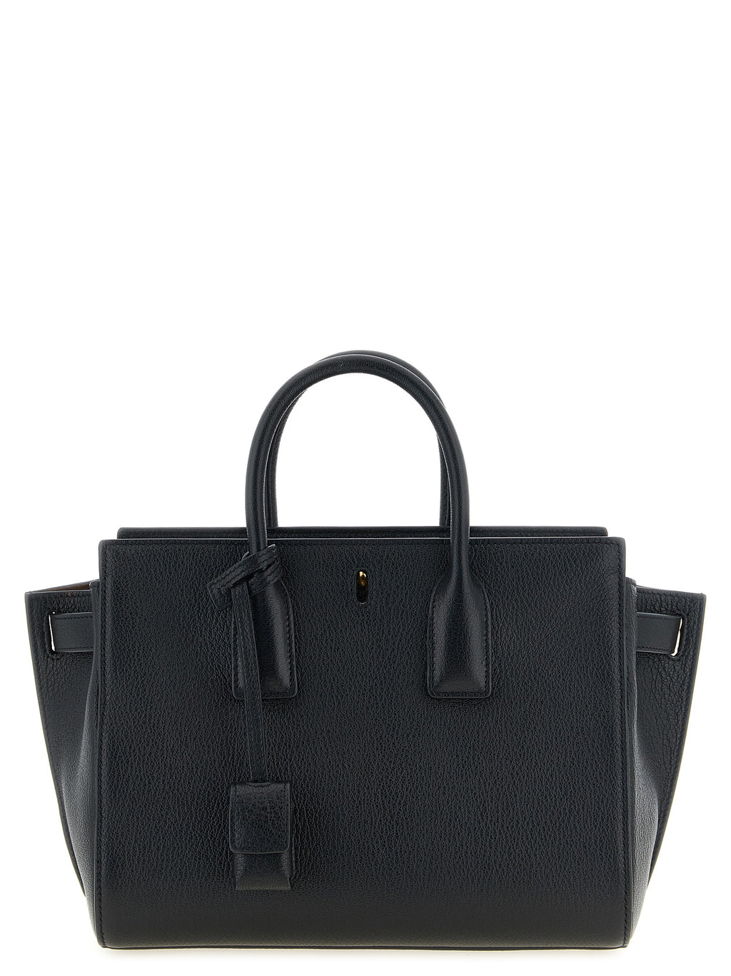 Sac à main en cuir de chèvre noir Saint Laurent, élégant et sophistiqué, avec détails en métal argenté.