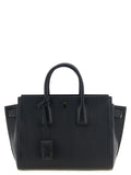 Sac à main en cuir de chèvre noir Saint Laurent, élégant et sophistiqué, avec détails en métal argenté.