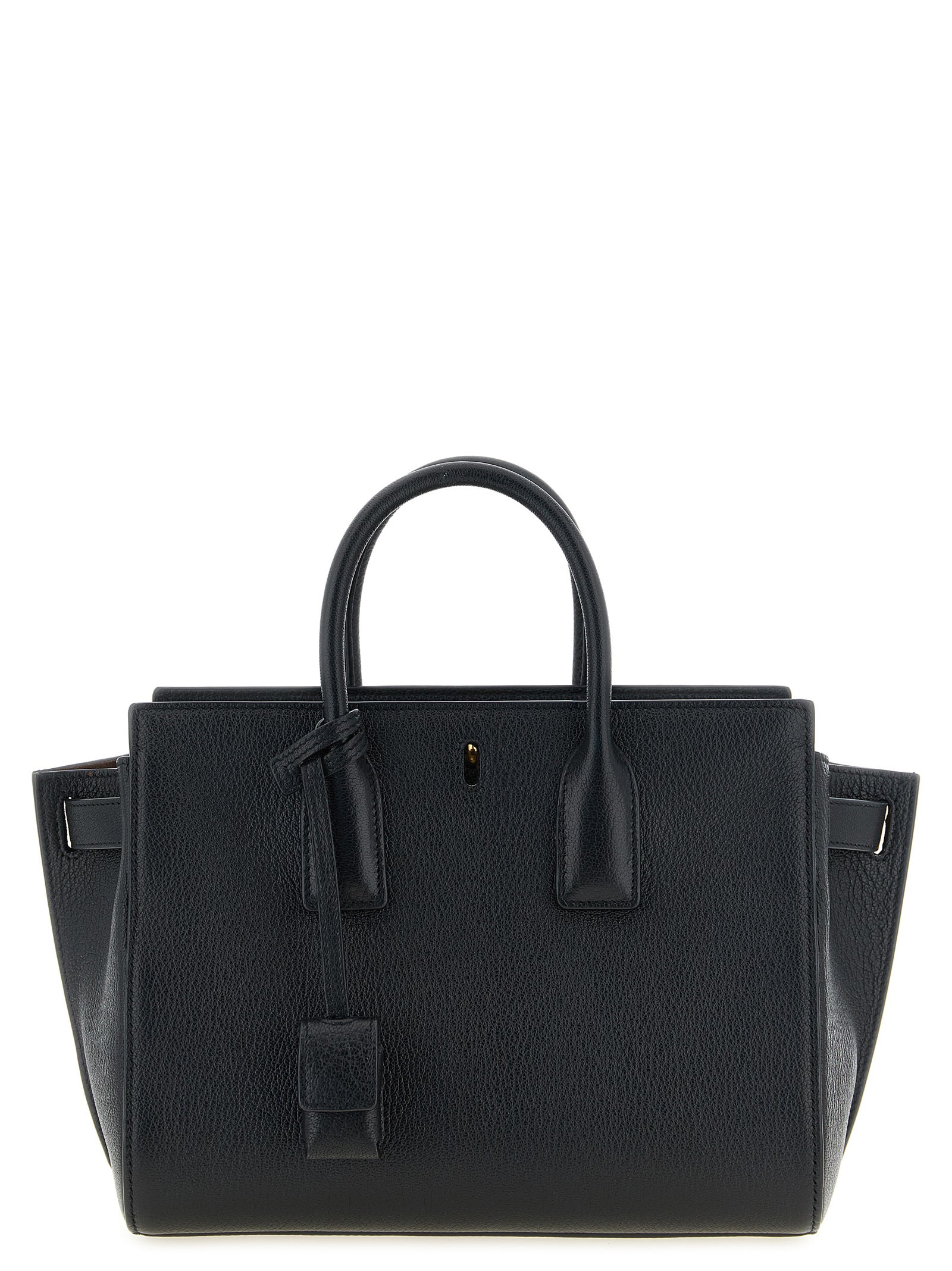 Sac à main en cuir de chèvre noir Saint Laurent, élégant et sophistiqué, avec détails en métal argenté.