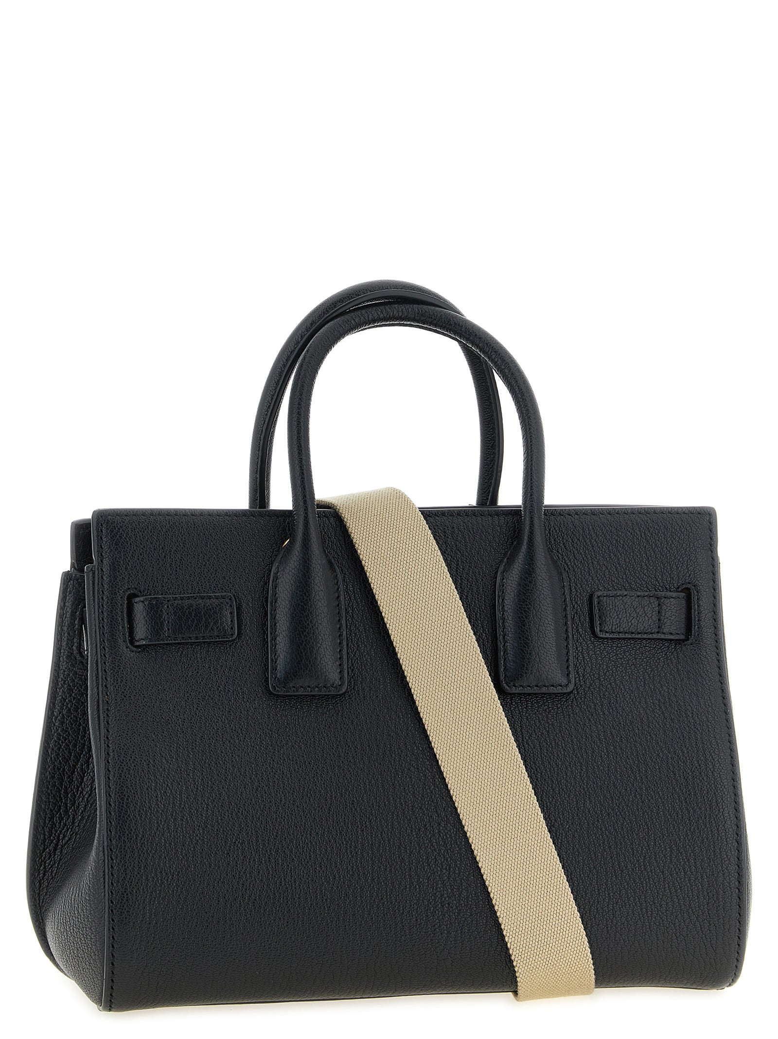 Sac à main noir en cuir de chèvre Saint Laurent, style élégant avec poignées en cuir et finition sophistiquée.
