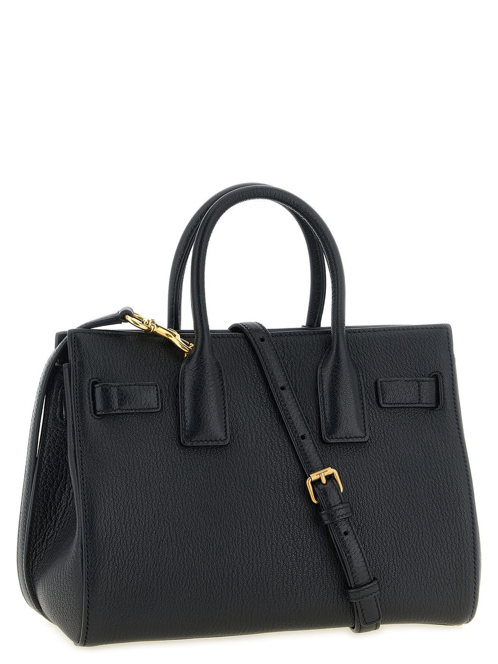 Sac à main en cuir de chèvre noir Saint Laurent, design élégant avec détails raffinés, vue de face.