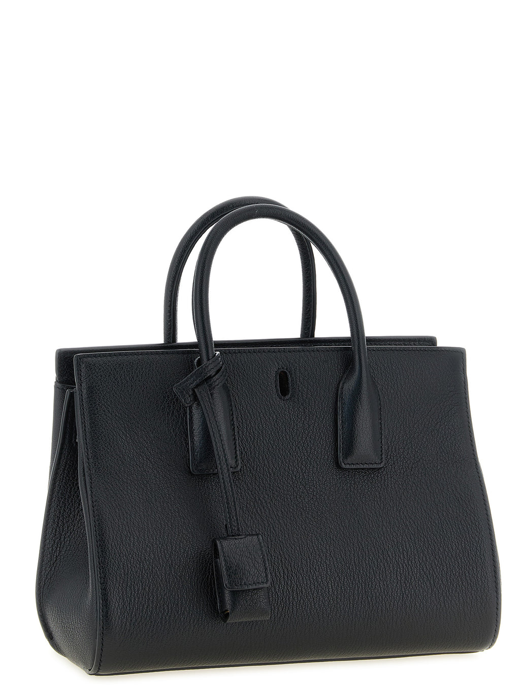 Sac à main noir en peau de chèvre Saint Laurent avec détails élégants et bandoulière en cuir, vue de face.