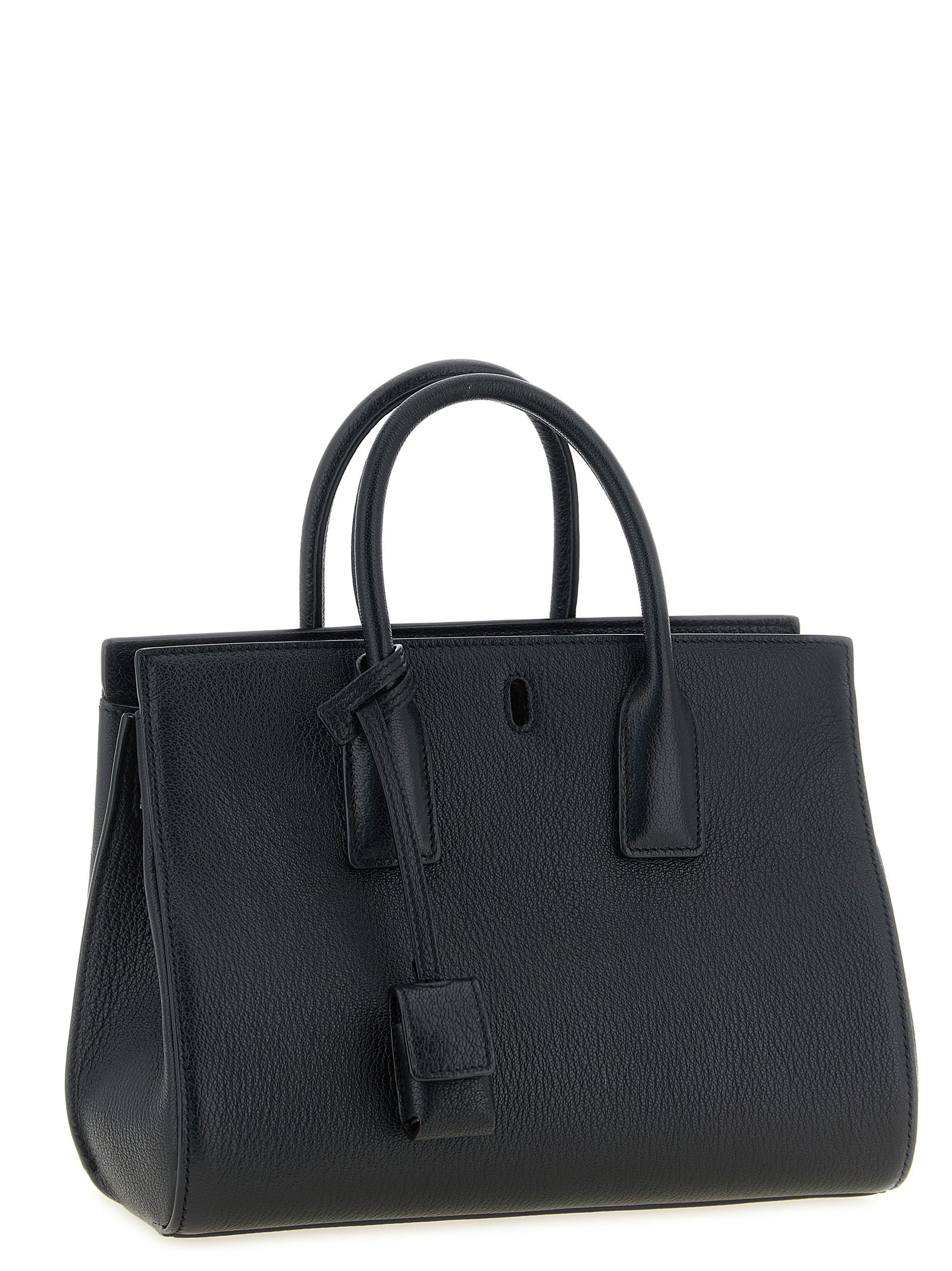Sac à main noir en peau de chèvre Saint Laurent avec détails élégants et bandoulière en cuir, vue de face.