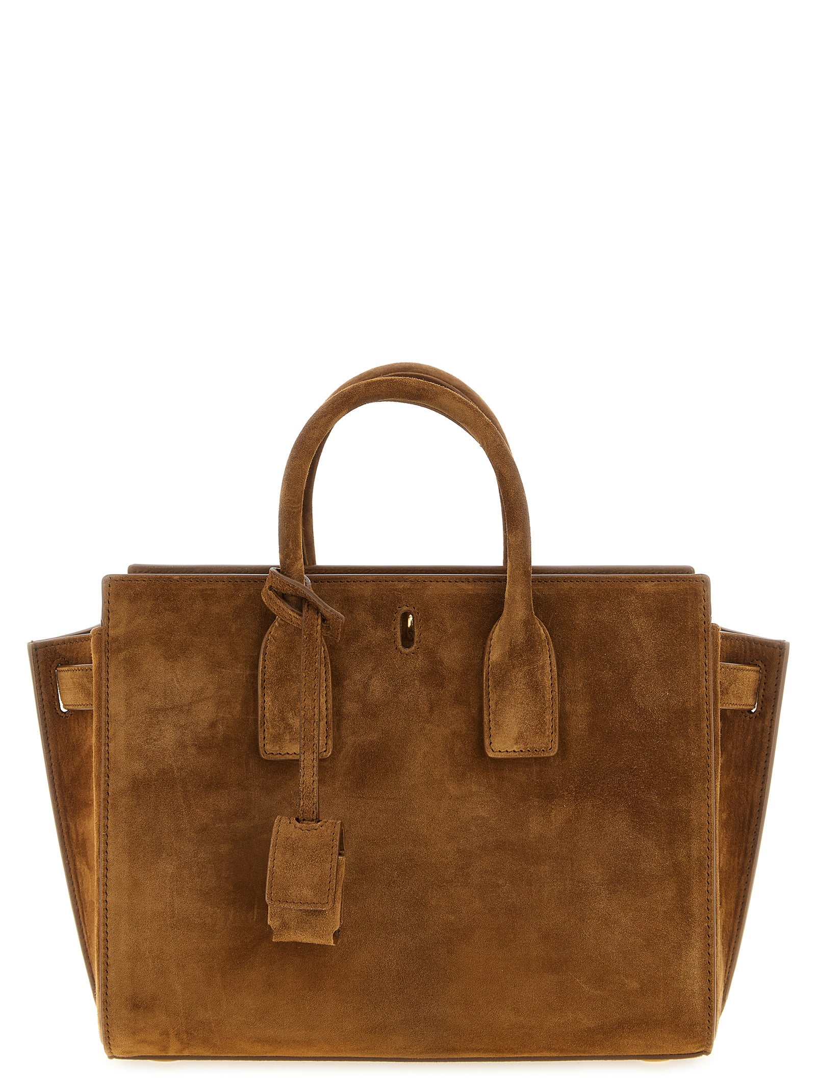 Sac à main Saint Laurent en cuir de veau marron, design élégant avec détails sophistiqués.